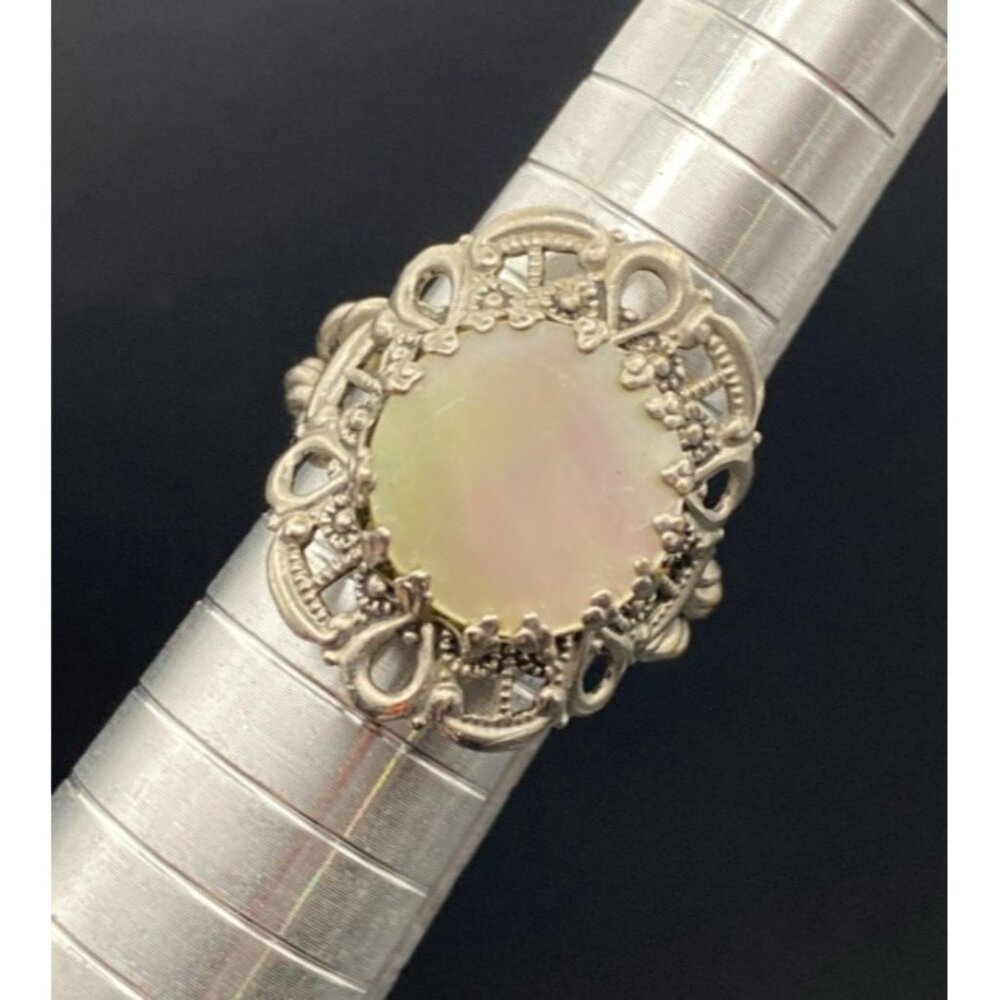 Vintage Signed Western Germany Ring MOP Filigree Silver Tone Adjustable LOOK - Picture 2 of 13
